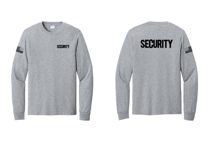 NYC Factory Men's Security Cotton Long Sleeve T-Shirt - Chest + Back + US Flag Sleeve - Athletic Heather