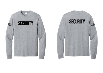 NYC Factory Men's Security Cotton Long Sleeve T-Shirt - Front + Back + US Flag Sleeve - Athletic Heather
