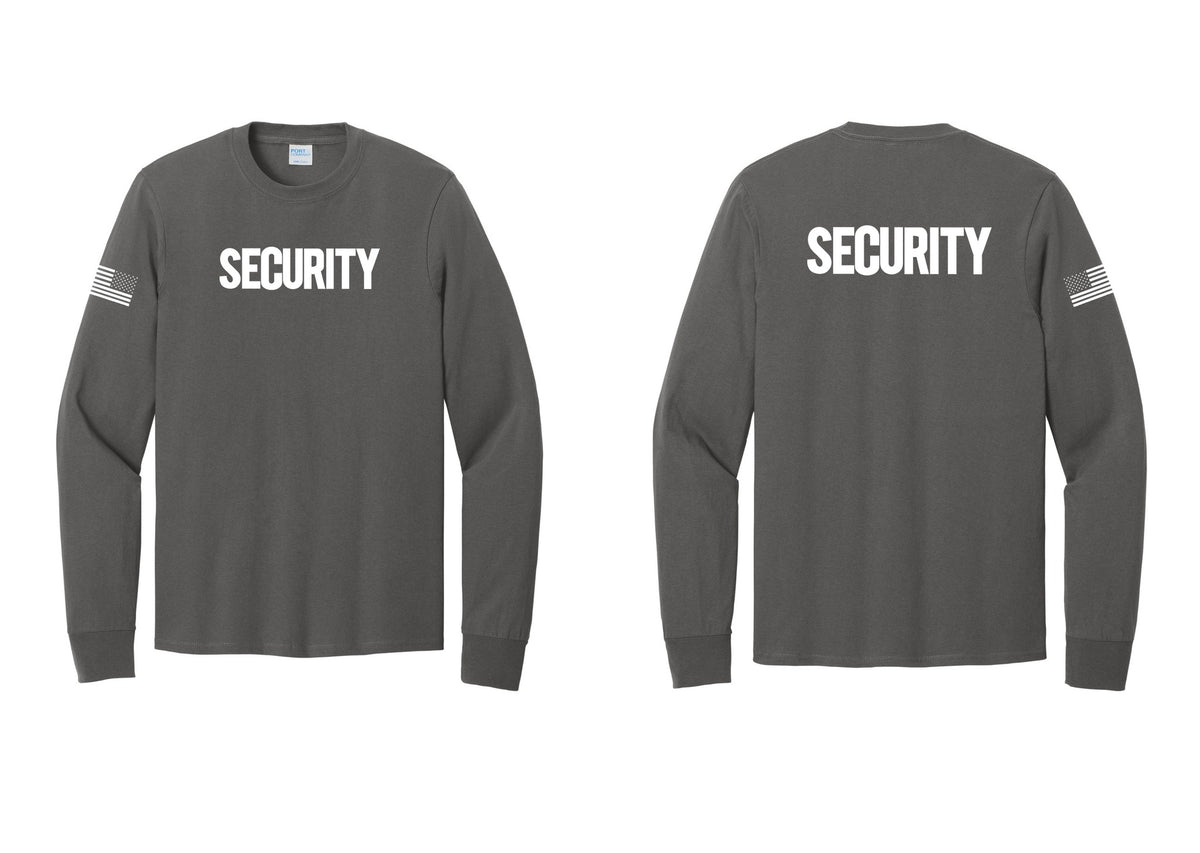 NYC Factory Men's Security Cotton Long Sleeve T-Shirt - Front + Back + US Flag Sleeve - Charcoal
