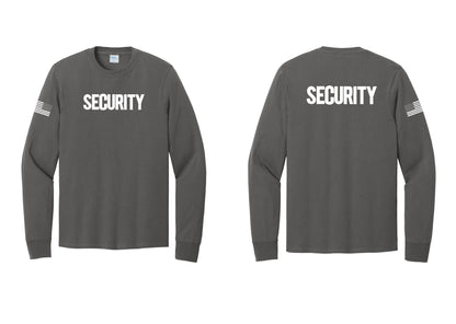 NYC Factory Men's Security Cotton Long Sleeve T-Shirt - Front + Back + US Flag Sleeve - Charcoal
