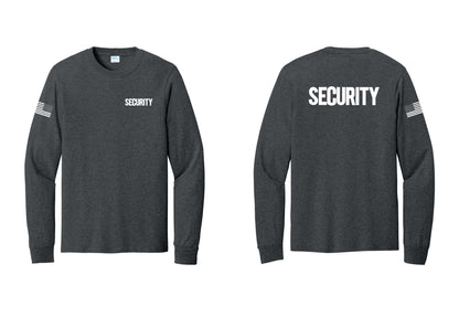 NYC Factory Men's Security Cotton Long Sleeve T-Shirt - Chest + Back + US Flag Sleeve - Dark Heather Grey