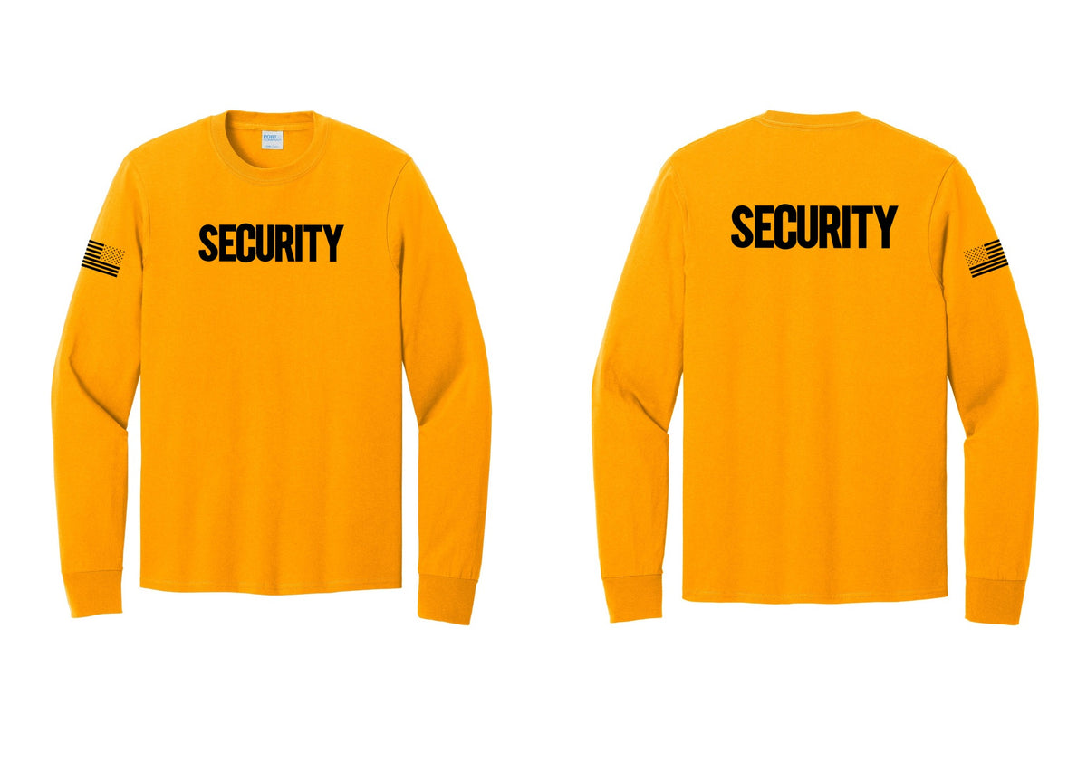 NYC Factory Men's Security Cotton Long Sleeve T-Shirt - Front + Back + US Flag Sleeve - Gold
