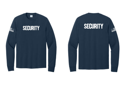 NYC Factory Men's Security Cotton Long Sleeve T-Shirt - Front + Back + US Flag Sleeve - Navy