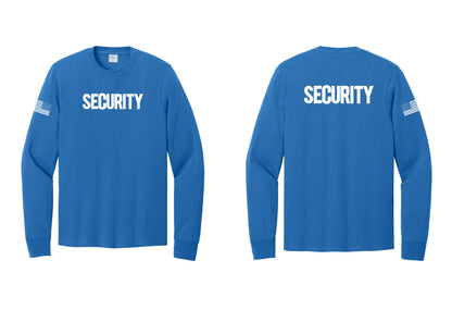 NYC Factory Men's Security Cotton Long Sleeve T-Shirt - Front + Back + US Flag Sleeve - Royal