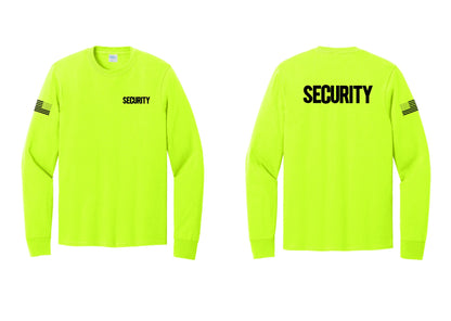 NYC Factory Men's Security Cotton Long Sleeve T-Shirt - Chest + Back + US Flag Sleeve - Safety Green