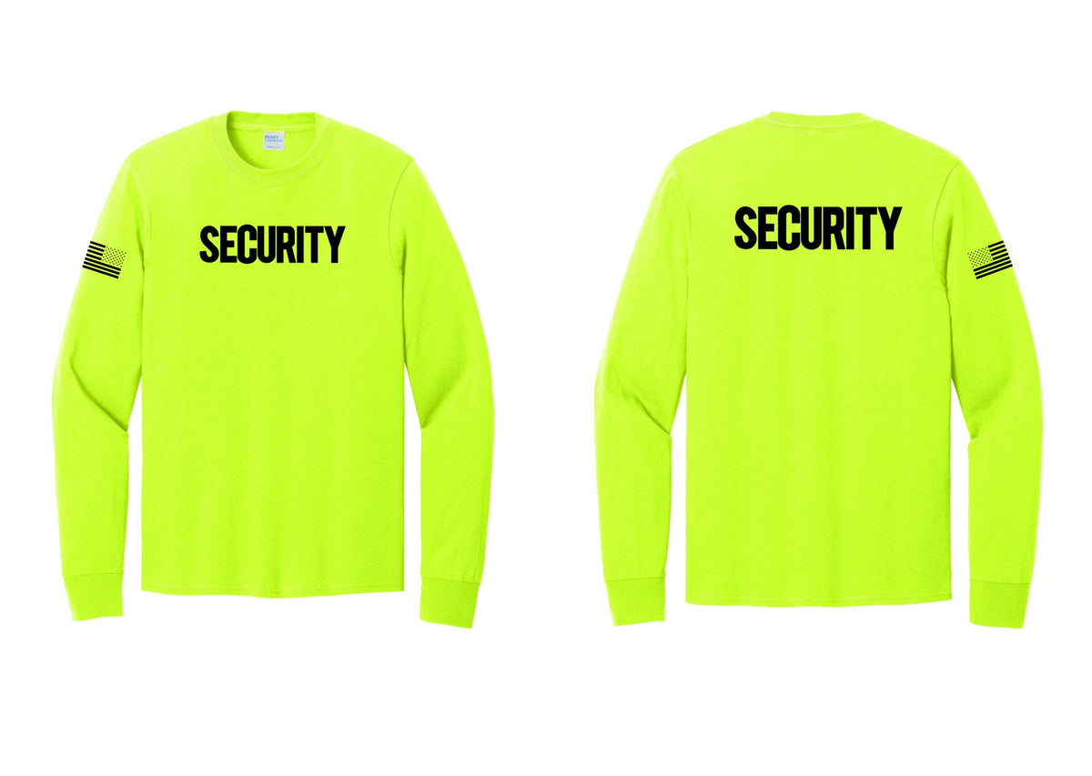 NYC Factory Men's Security Cotton Long Sleeve T-Shirt - Front + Back + US Flag Sleeve - Safety Green