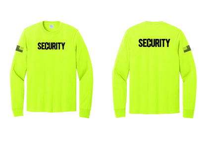 NYC Factory Men's Security Cotton Long Sleeve T-Shirt - Front + Back + US Flag Sleeve - Safety Green