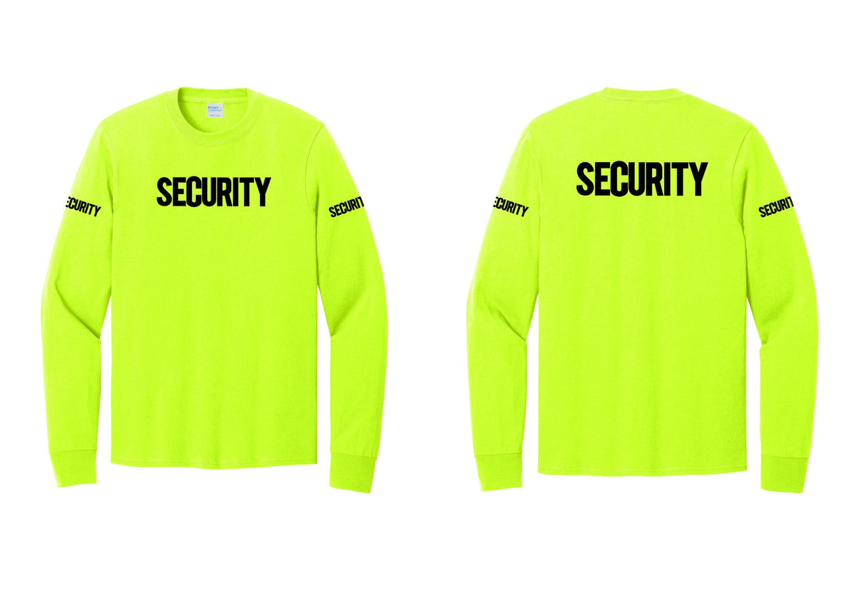 NYC Factory Men's Security Cotton Long Sleeve T-Shirt - Front + Back + Security Sleeves - Safety Green