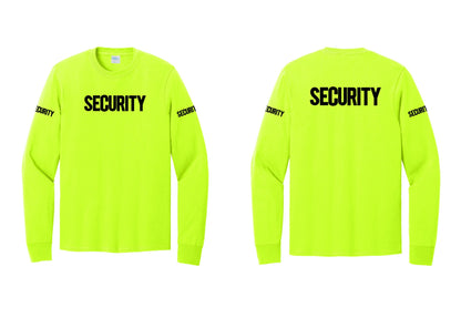 NYC Factory Men's Security Cotton Long Sleeve T-Shirt - Front + Back + Security Sleeves - Safety Green
