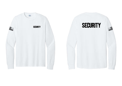 NYC Factory Men's Security Cotton Long Sleeve T-Shirt - Chest + Back + US Flag Sleeve - White