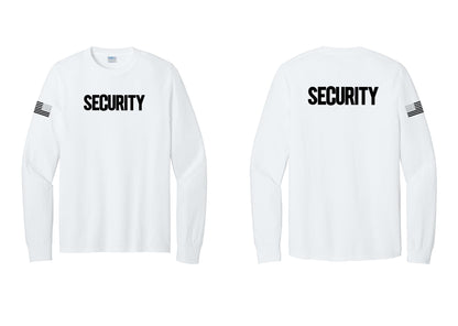 NYC Factory Men's Security Cotton Long Sleeve T-Shirt - Front + Back + US Flag Sleeve - White
