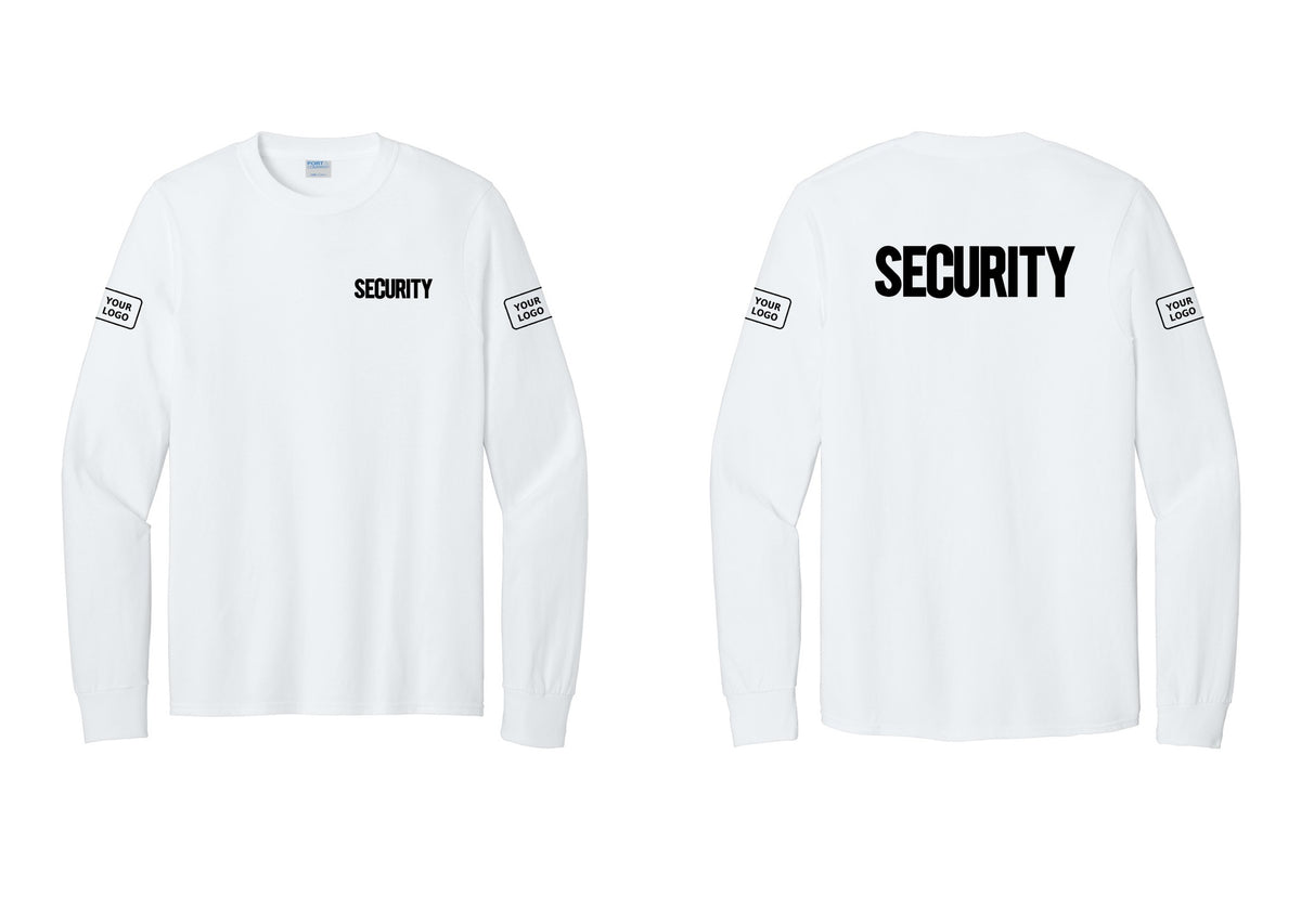 NYC Factory Men's Custom Logo Security Cotton Long Sleeve T-Shirt - Chest + Back + Your Logo Sleeves - White
