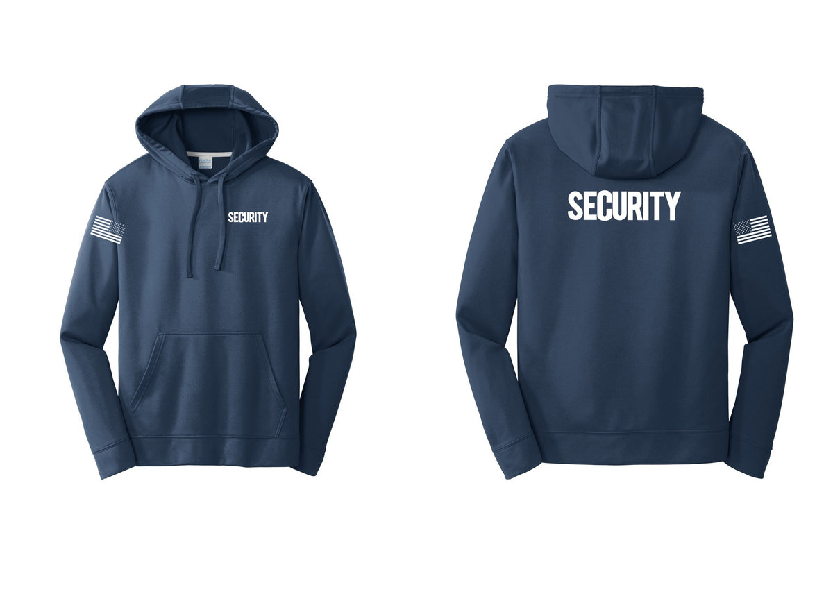 NYC Factory Men's Security Hooded Sweatshirt - Chest + Back + US Flag Sleeve - Navy