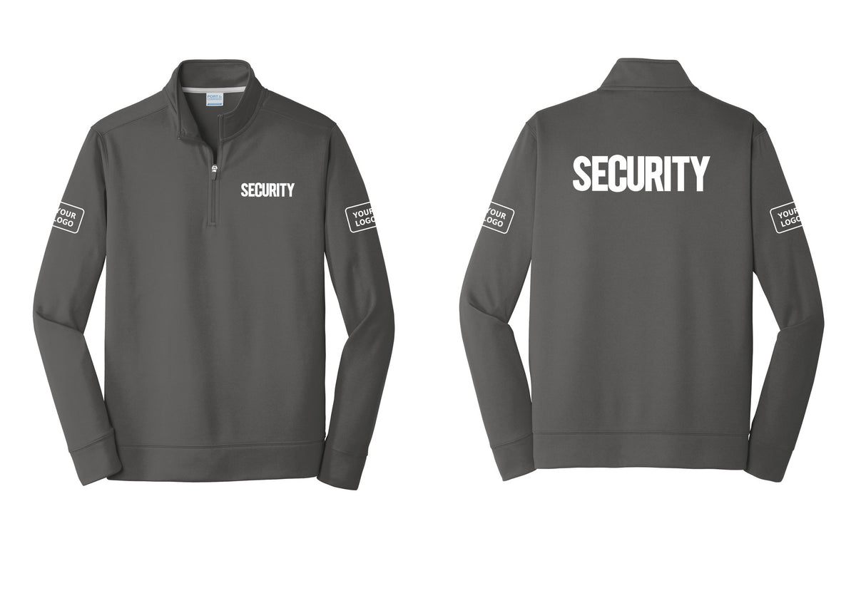 NYC Factory Men's Custom Logo Security Performance Fleece 1/4-Zip Pullover Sweatshirt - Chest + Back + Your Logo Sleeves - Charcoal
