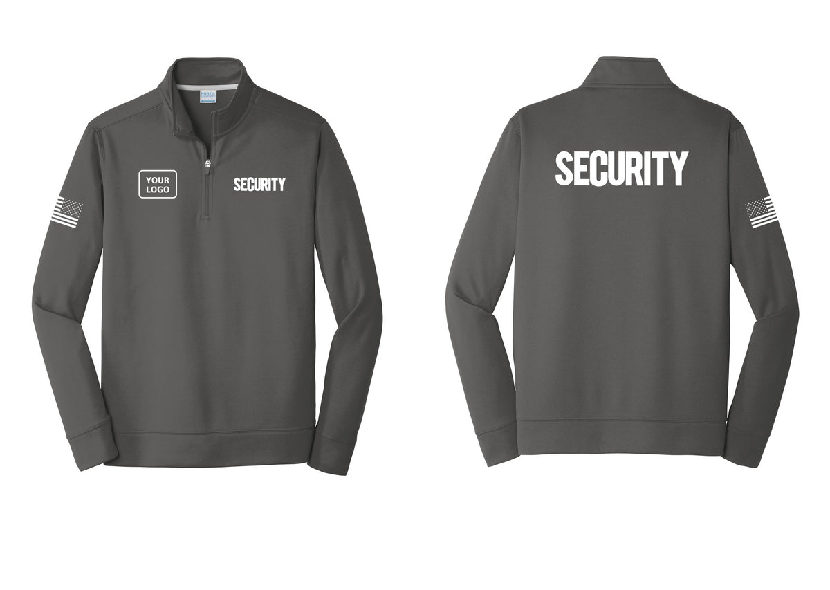 NYC Factory Men's Custom Logo Security Performance Fleece 1/4-Zip Pullover Sweatshirt - SECURITY + Your Logo + Back + US Flag Sleeve - Charcoal