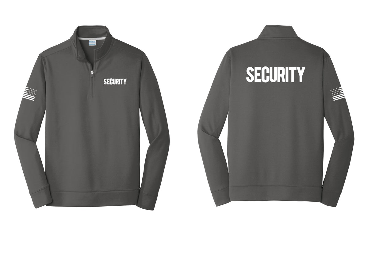 NYC Factory Men's Security Performance Fleece 1/4-Zip Pullover Sweatshirt - Chest + Back + US Flag Sleeve - Charcoal