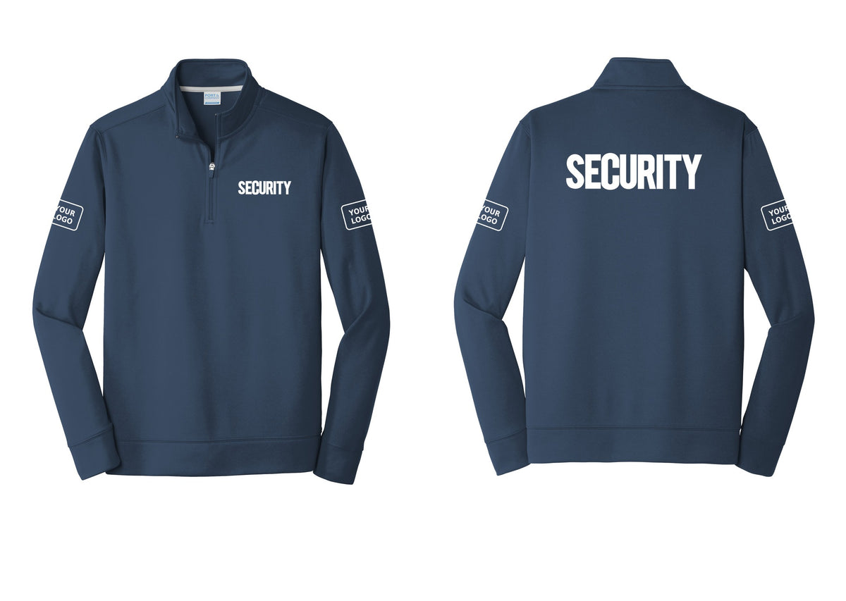 NYC Factory Men's Custom Logo Security Performance Fleece 1/4-Zip Pullover Sweatshirt - Chest + Back + Your Logo Sleeves - Navy
