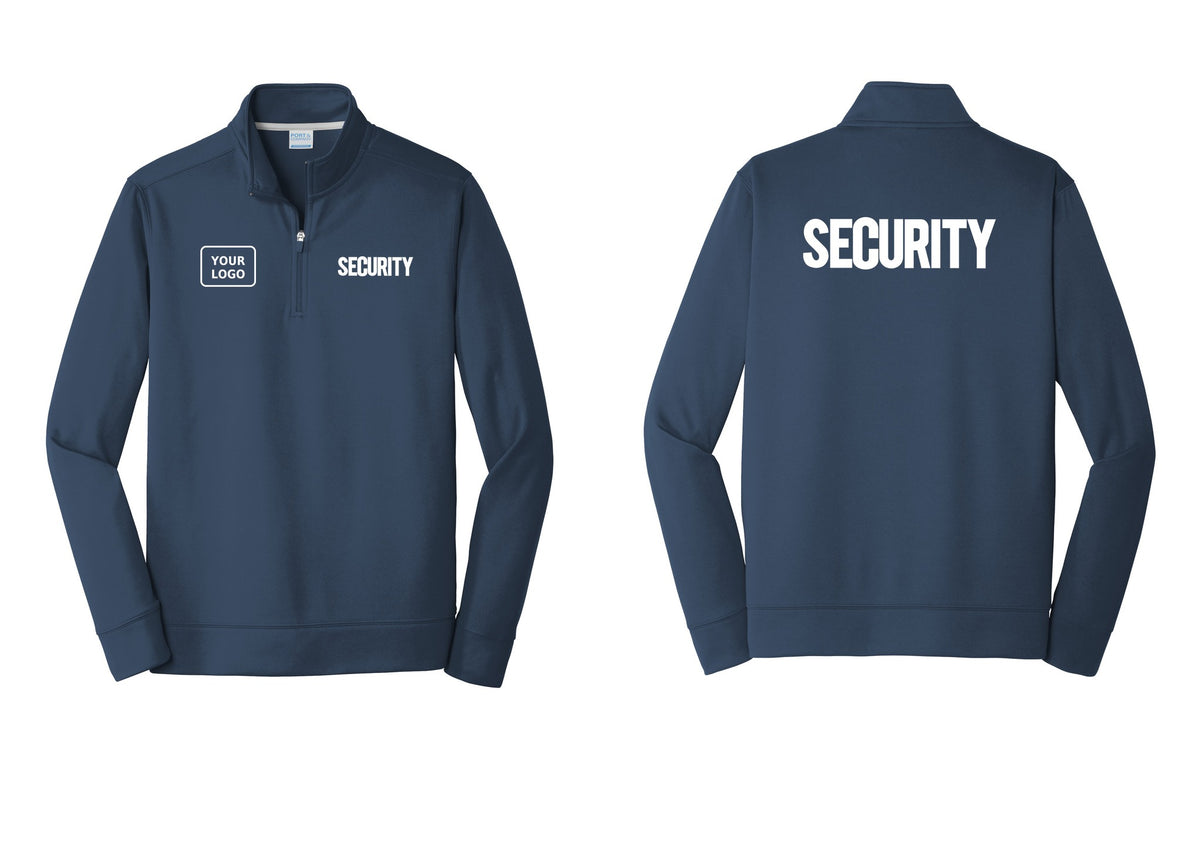 NYC Factory Men's Custom Logo Security Performance Fleece 1/4-Zip Pullover Sweatshirt - SECURITY + Your Logo + Back - Navy
