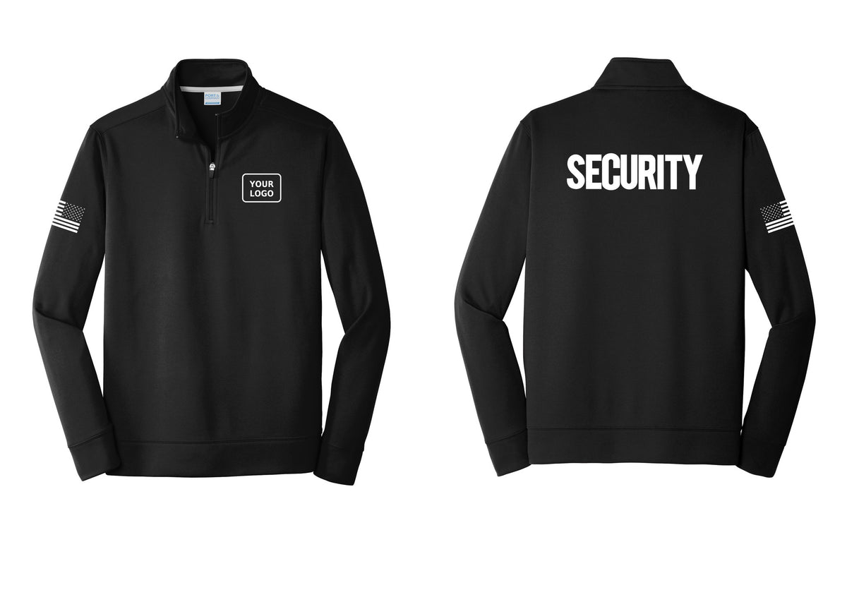 NYC Factory Men's Custom Logo Security Performance Fleece 1/4-Zip Pullover Sweatshirt - Your Logo + Back + US Flag Sleeve - Black