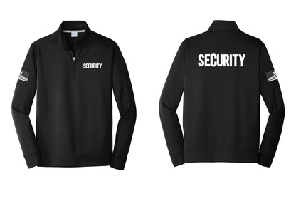 NYC Factory Men's Security Performance Fleece 1/4-Zip Pullover Sweatshirt - Chest + Back + US Flag Sleeve - Black