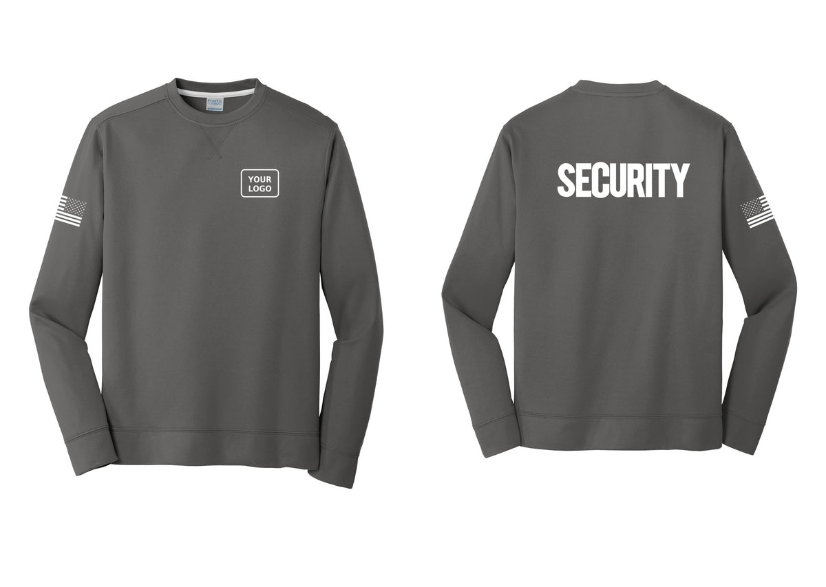 NYC Factory Men's Custom Logo Security Performance Fleece Crewneck Sweatshirt - Your Logo + Back + US Flag Sleeve - Charcoal