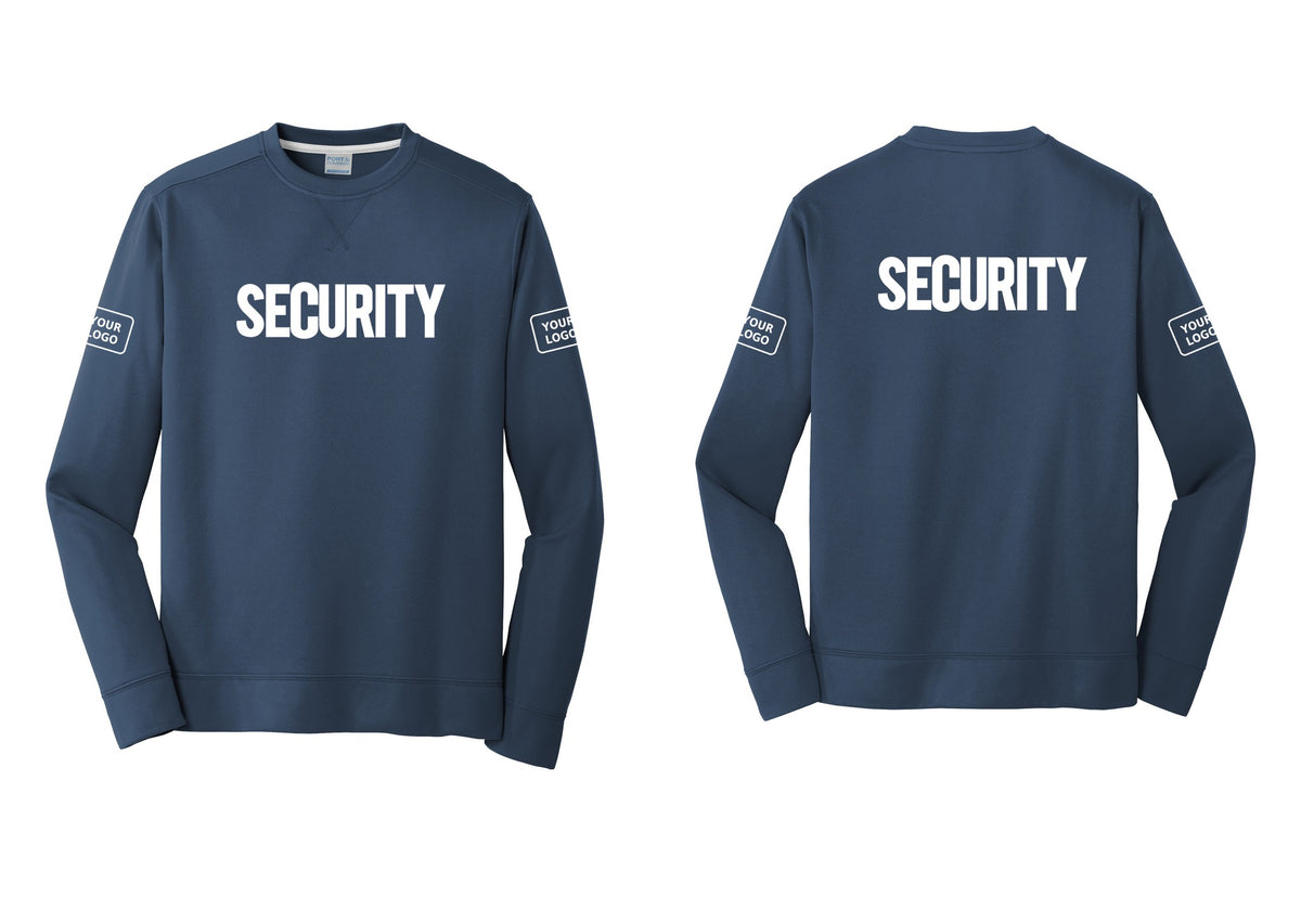 NYC Factory Men's Custom Logo Security Performance Fleece Crewneck Sweatshirt - Front + Back + Your Logo Sleeves - Navy