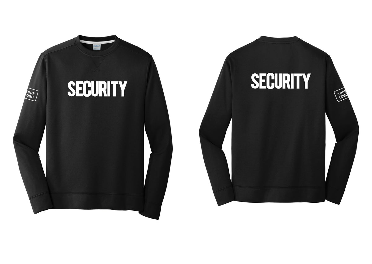 NYC Factory Men's Custom Logo Security Performance Fleece Crewneck Sweatshirt - Front + Back + Your Logo Sleeve - Black