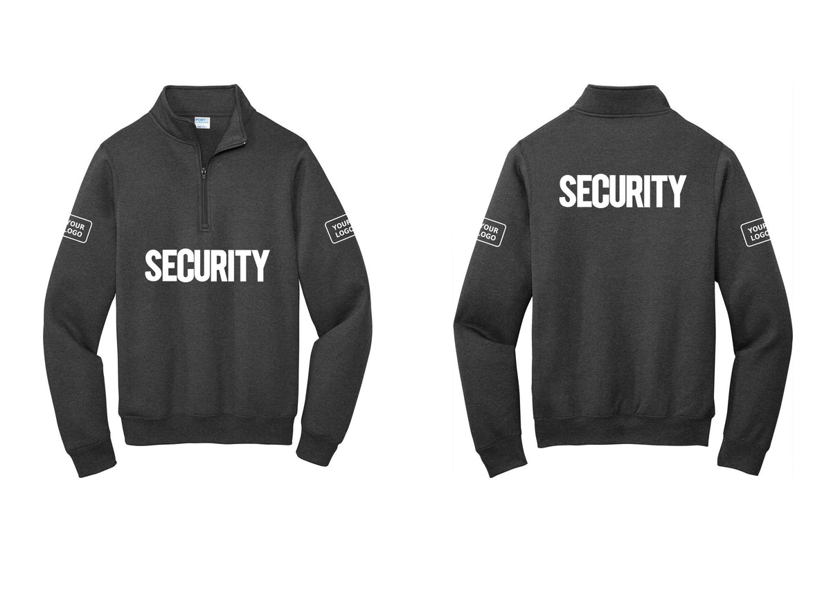 NYC Factory Men's Custom Logo Security Cotton Fleece 1/4-Zip Pullover Sweatshirt - Front + Back + Your Logo Sleeves - Dark Heather Grey