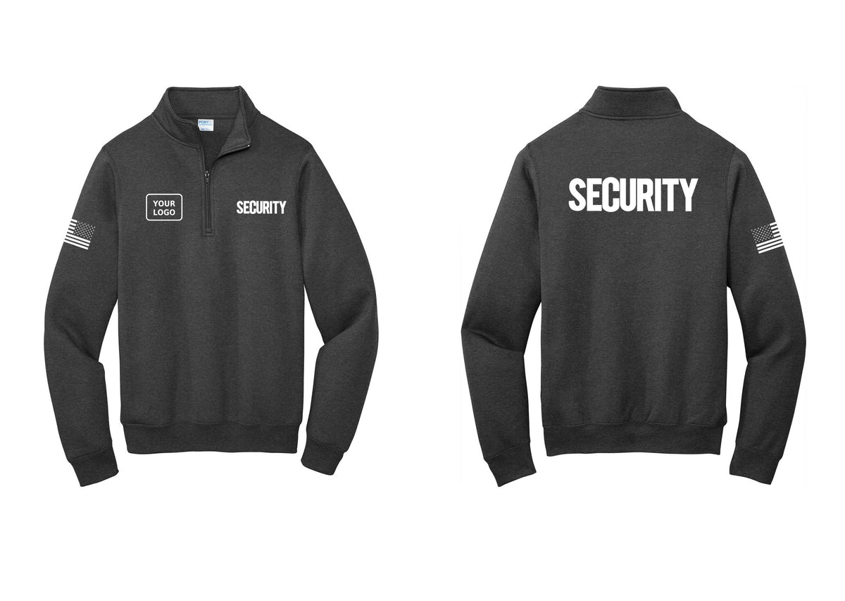NYC Factory Men's Custom Logo Security Cotton Fleece 1/4-Zip Pullover Sweatshirt - SECURITY + Your Logo + Back + US Flag Sleeve - Dark Heather Grey