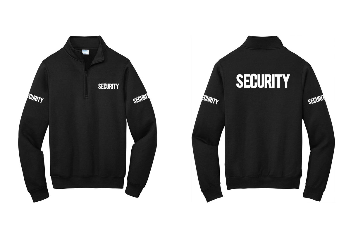 NYC Factory Men's Security Cotton Fleece 1/4-Zip Pullover Sweatshirt - Chest + Back + Security Sleeves - Black