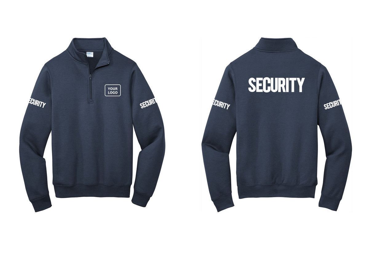NYC Factory Men's Custom Logo Security Cotton Fleece 1/4-Zip Pullover Sweatshirt - Your Logo + Back + Security Sleeves - Navy