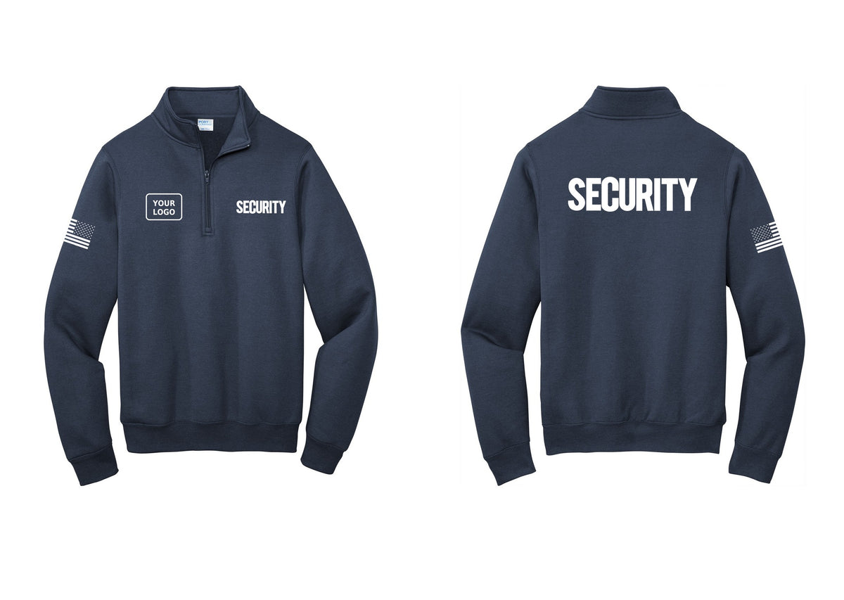 NYC Factory Men's Custom Logo Security Cotton Fleece 1/4-Zip Pullover Sweatshirt - SECURITY + Your Logo + Back + US Flag Sleeve - Navy