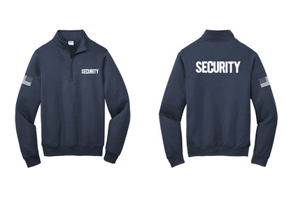 NYC Factory Men's Security Cotton Fleece 1/4-Zip Pullover Sweatshirt - Chest + Back + US Flag Sleeve - Navy