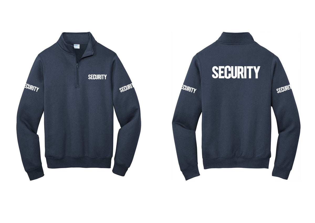 NYC Factory Men's Security Cotton Fleece 1/4-Zip Pullover Sweatshirt - Chest + Back + Security Sleeves - Navy