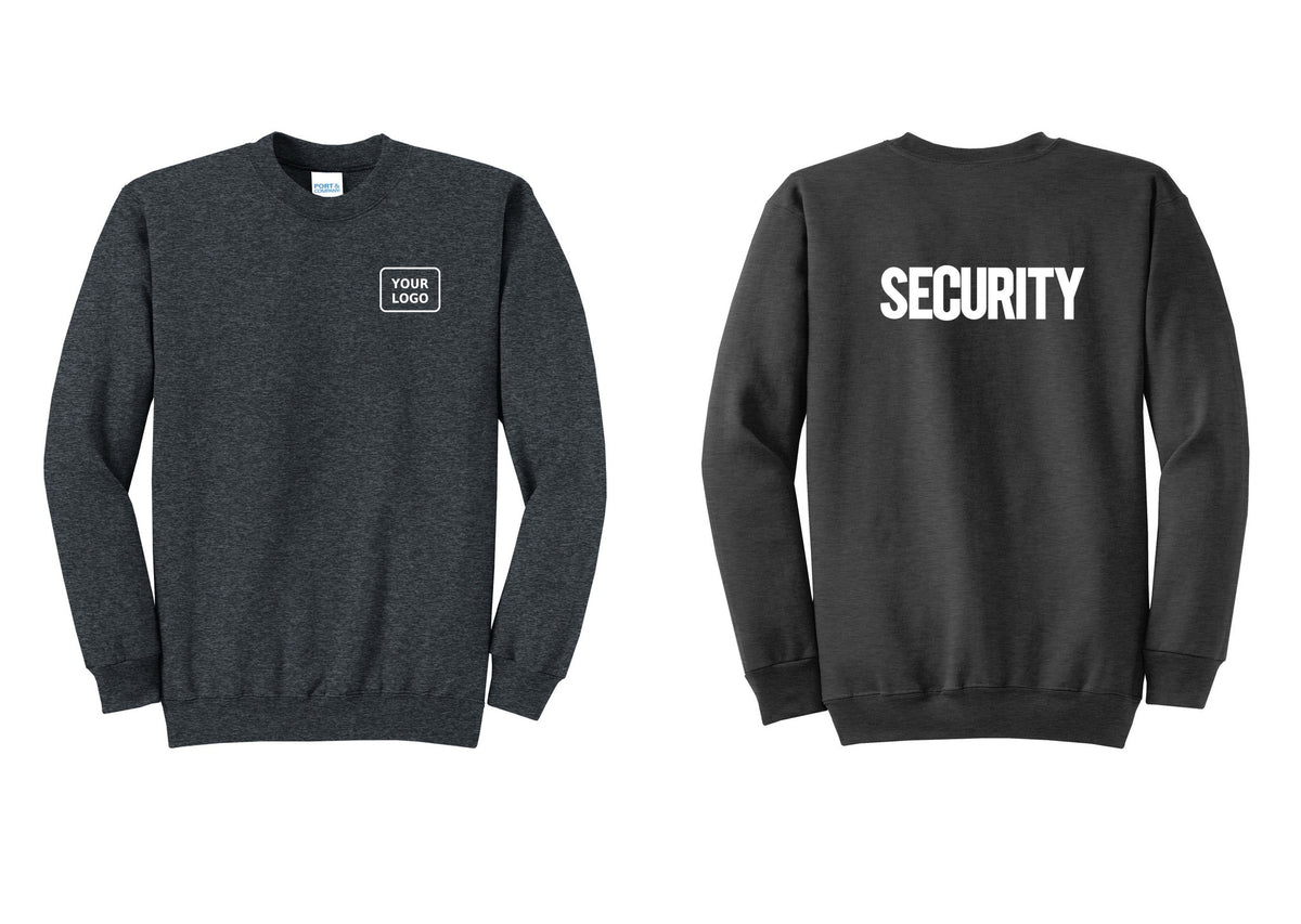NYC Factory Men's Custom Logo Security Cotton Fleece Crewneck Sweatshirt - Your Logo + Back - Dark Heather Grey