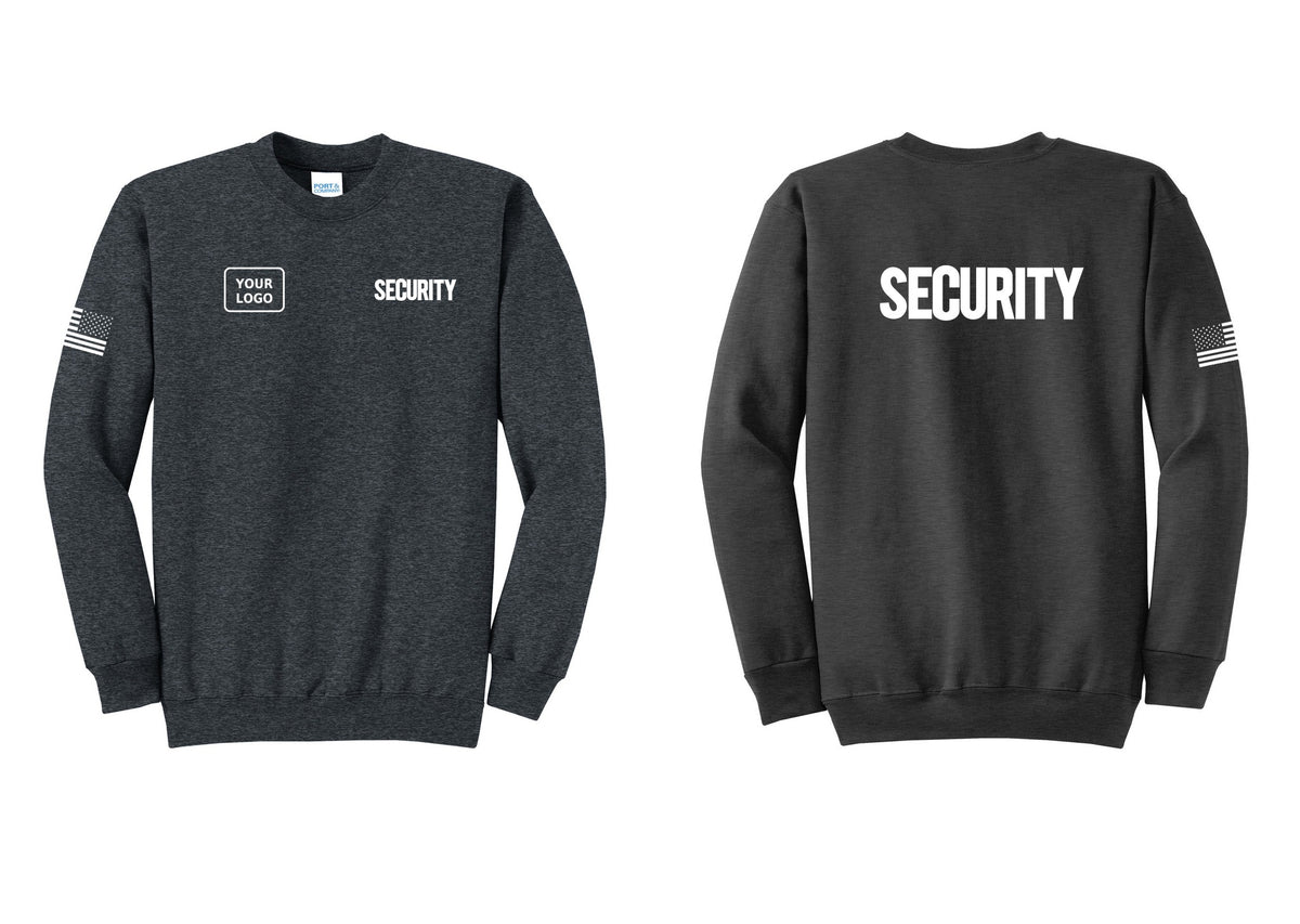 NYC Factory Men's Custom Logo Security Cotton Fleece Crewneck Sweatshirt - SECURITY + Your Logo + Back + US Flag Sleeve - Dark Heather Grey