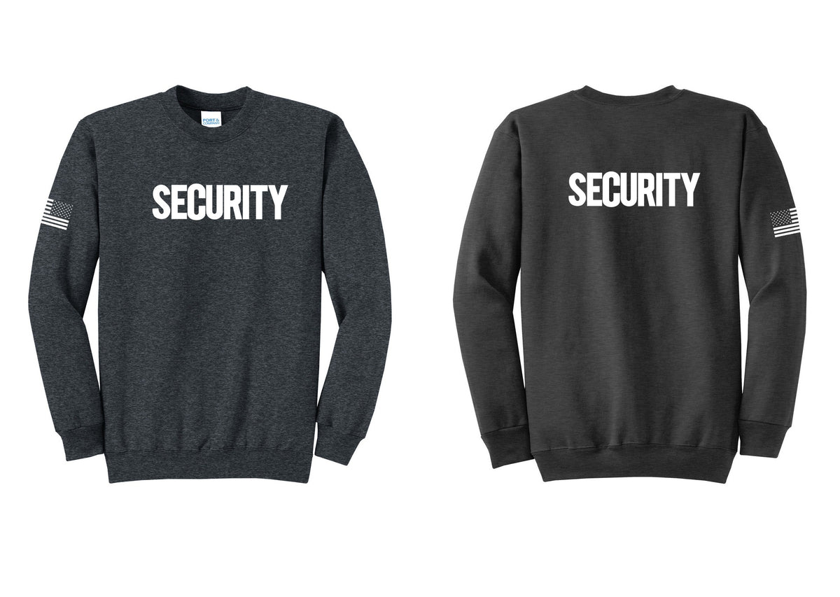 NYC Factory Men's Security Cotton Fleece Crewneck Sweatshirt - Front + Back + US Flag Sleeve - Dark Heather Grey