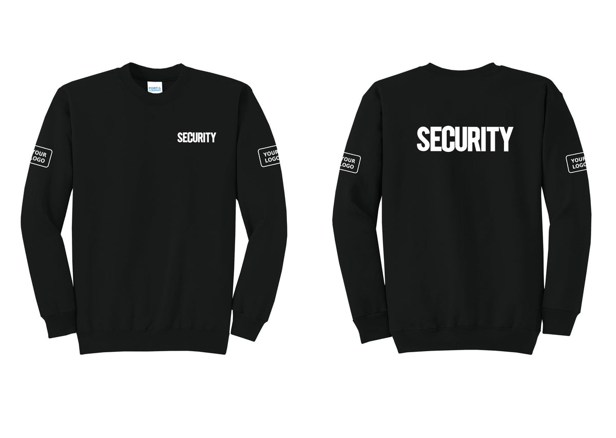NYC Factory Men's Custom Logo Security Cotton Fleece Crewneck Sweatshirt - Chest + Back + Your Logo Sleeves - Black