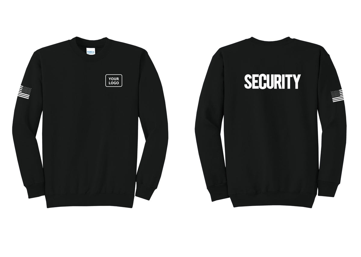 NYC Factory Men's Custom Logo Security Cotton Fleece Crewneck Sweatshirt - Your Logo + Back + US Flag Sleeve - Black