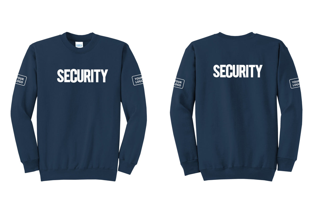 NYC Factory Men's Custom Logo Security Cotton Fleece Crewneck Sweatshirt - Front + Back + Your Logo Sleeves - Navy