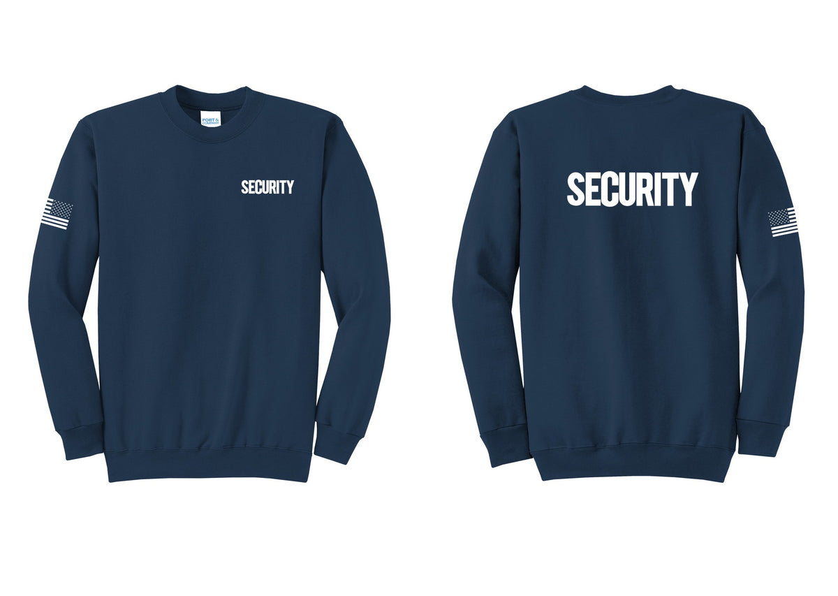NYC Factory Men's Security Cotton Fleece Crewneck Sweatshirt - Chest + Back + US Flag Sleeve - Navy