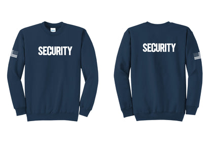 NYC Factory Men's Security Cotton Fleece Crewneck Sweatshirt - Front + Back + US Flag Sleeve - Navy