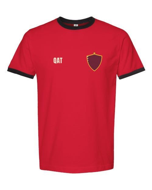Qatar Soccer Ringer Tee 2026 — Retro National Crest | NYC Factory