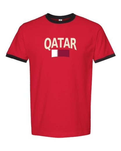 Qatar Soccer Ringer Tee 2026 — Classic Name & Flag | NYC Factory - red_black