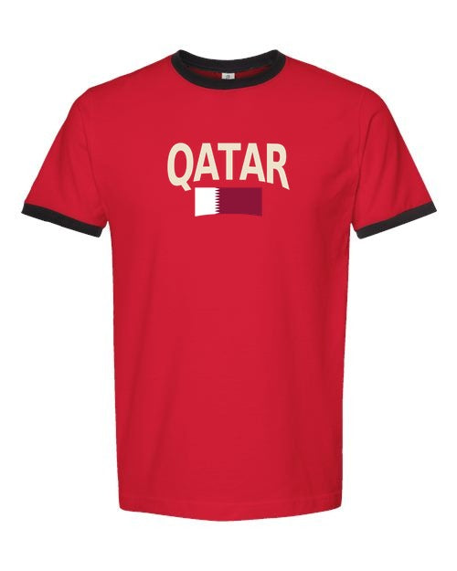 Qatar Soccer Ringer Tee 2026 — Classic Name & Flag | NYC Factory - red_black