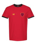 Qatar Soccer Ringer Tee 2026 — Retro National Crest — Red/Black | NYC Factory
