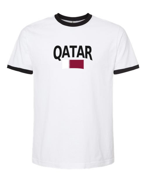 Qatar Soccer Ringer Tee 2026 — Classic Name & Flag | NYC Factory - White/Black