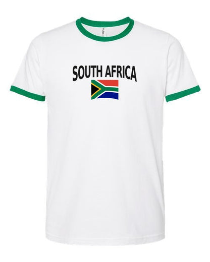 South Africa Soccer Ringer Tee 2026 — Classic Name & Flag | NYC Factory - white_green