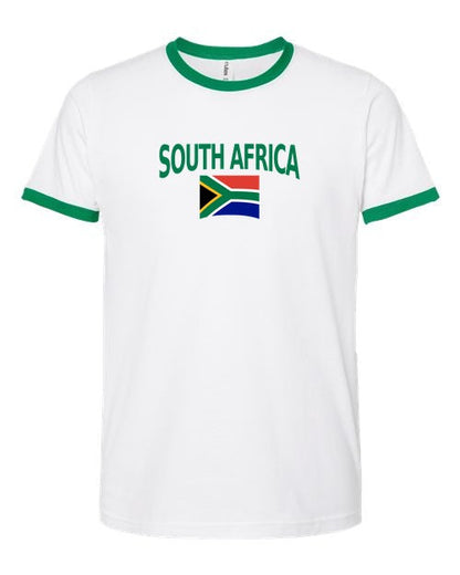 South Africa Soccer Ringer Tee 2026 — Classic Name & Flag | NYC Factory - white_green