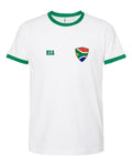 South Africa Soccer Ringer Tee 2026 — Retro National Crest — White/Green | NYC Factory